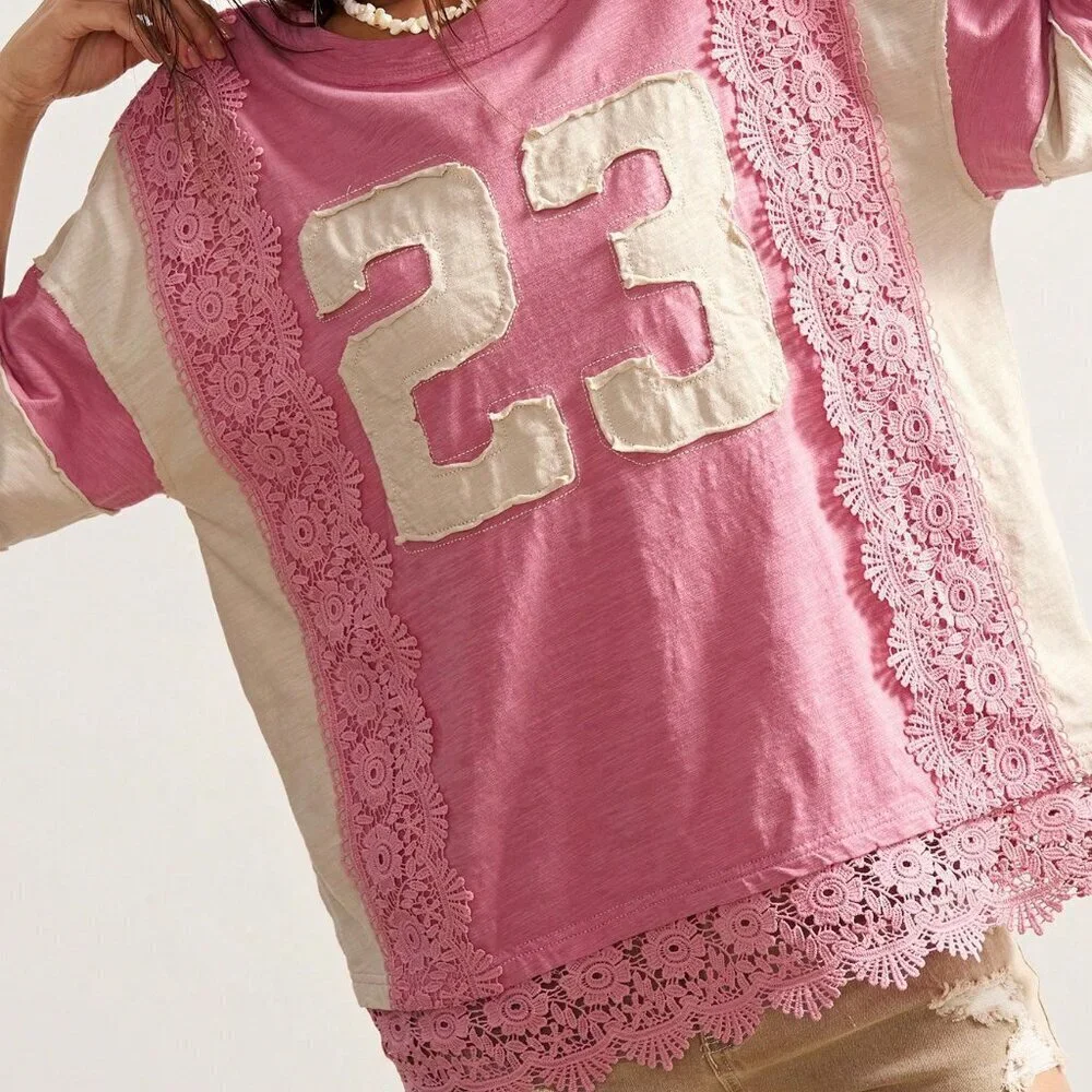 Pink Casual Women's Boho Lace Patchwork Round Neck Loose Washed tee shirt